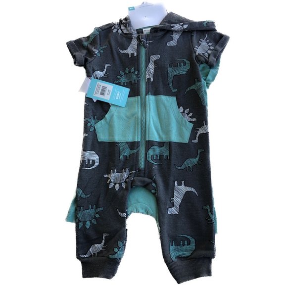 PL:Baby Romper Coverall 2 Pc Set Dark Grey/Teal Dinosaur Design 6M - Picture 2 of 12